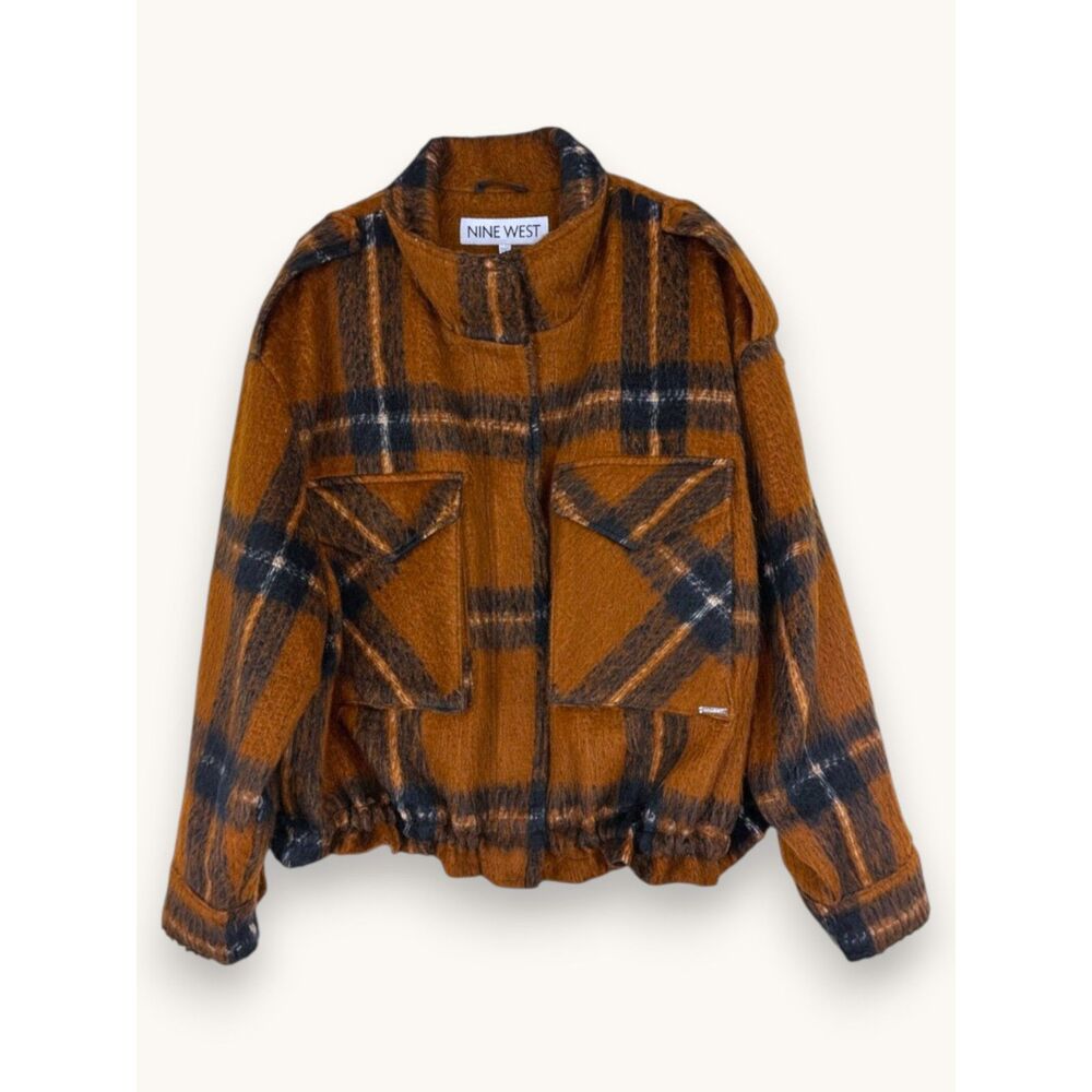 Nine West Plaid Shacket Oversized Utility Jacket Rust Brown Black XL